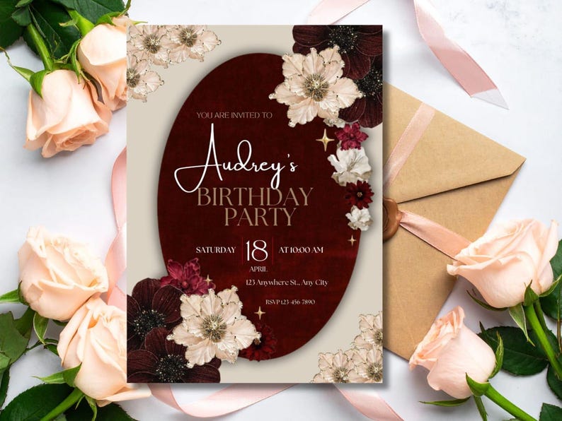 May include: A birthday party invitation with a burgundy oval design, floral accents, and the text "Audrey's BIRTHDAY PARTY" with the date April 18. Includes a kraft envelope and peach roses.