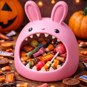 May include: A pink bunny-shaped candy bowl filled with various candies, including Reese's and Swies. The bowl has black eyes and white teeth. Two orange pumpkins are in the background, suggesting a Halloween theme.
