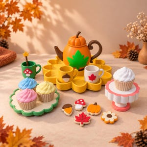 Puede incluir: Un juego de té de juguete que incluye una tetera naranja con forma de calabaza y una hoja verde, una bandeja amarilla con forma de flor, dos tazas pequeñas con motivos de bellota y hoja, una taza verde, cupcakes y pequeños adornos otoñales.