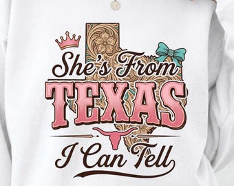 She's From Texas I Can Tell PNG | Retro Western Cowgirl PNG | Tooled Leather Longhorn Sublimation | Southern Rodeo Digital Design