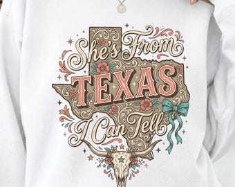 She's From Texas PNG, Leopard Print Longhorn, Distressed Western Cowgirl Graphic, Texas Pride Sublimation, Country Rodeo Shirt Download