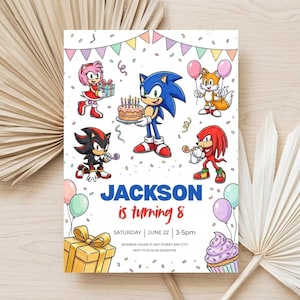 May include: A rectangular birthday invitation card featuring Sonic the Hedgehog characters including Amy, Tails, Shadow, and Knuckles. The text reads JACKSON is turning 8, Saturday June 22, 3-5pm, Jackson House 21 Ant Street Any City, RSVP to Oliva 92-2223204792.