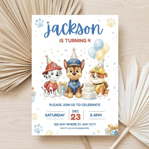 Editable Paw-ty Birthday Invitation | Puppy Patrol Pup Crew Party Invite |Printable Canva Template | Boys Girls Birthday | Instant Download