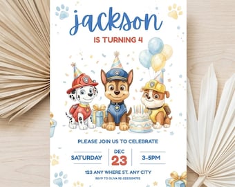 Editable Paw-ty Birthday Invitation | Puppy Patrol Pup Crew Party Invite |Printable Canva Template | Boys Girls Birthday | Instant Download