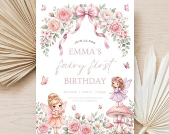 Editable Fairy First Birthday Invitation, Enchanted Fairy Garden Party Invite, Storybook Fairy 1st Birthday Invitation Template
