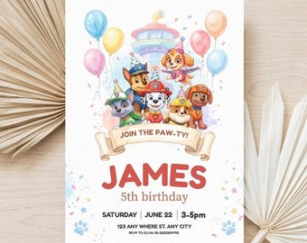 Editable Paw-ty Birthday Invitation Template, Puppy Patrol Pup Crew Boys Girls Bday, Kids Party Invitation, Canva Digital Download