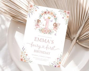 Fairy First Birthday Invitation Girl, Editable Enchanted Garden 1st Birthday Invite, Canva Template
