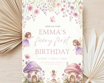 Editable Fairy First Birthday Invitation, Enchanted Fairy Garden Party Invite, Soft Pastel Wildflower Tea Party, Storybook Template