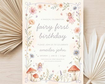 Fairy First Birthday Invitation Girl, Editable Fairy 1st Birthday Invite, Boho Wildflower Fairy Garden Party, Storybook Canva Template