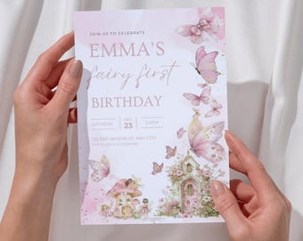 Fairy First Birthday Invitation, Enchanted Girl 1st Birthday Invite, Whimsical Garden Fairy Party, Canva Template