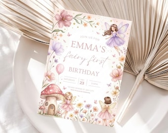 Fairy First Birthday Invitation Girl, Pink Garden Fairy 1st Birthday Invite, Magical Woodland Canva Template
