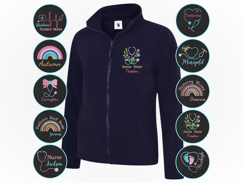 Personalised Embroidered Nurse Fleece Jacket, Custom Name Nursing Zip Up Workwear Top, Medical Student Uniform Jacket, Hospital Work Jacket