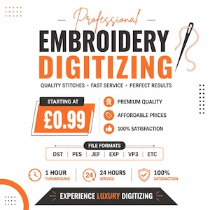Puede incluir: Un anuncio gráfico para servicios profesionales de digitalización de bordados con un icono de aguja e hilo. El texto incluye Professional Embroidery Digitizing, Quality Stitches, Fast Service, Perfect Results, Starting at £0.99 y formatos de archivo.