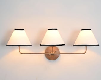 MCM Modern Vintage 3-Light Brass Wall Sconce | Handmade Fabric Shade Vanity Wall Lamp