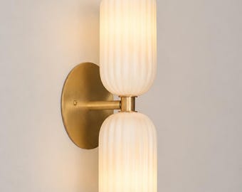 Mid Century Ribbed Alabaster Wall Sconce | Brass Bathroom Vanity Light | Scandinavian Marble Wall Lamp