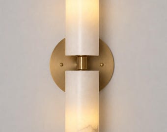 Mid Century Modern Alabaster Double Wall Sconce | Brass Bathroom Vanity Light | Bedside Wall Lamp