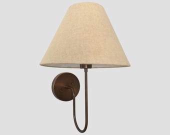 Handcrafted Brass Wall Sconce with Natural Linen Shade | MCM Vintage Bedside Wall Light