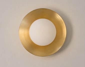 Handmade Mid-Century Brass Globe Wall Sconce | Milk Glass Vanity Light | Modern Bathroom Wall Lamp