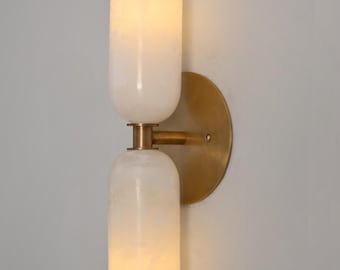 Custom order Handcrafted Brass Double Wall Sconce | Alabaster Bathroom Vanity Light