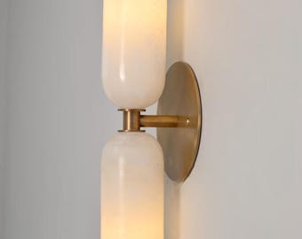 Handcrafted Brass Double Wall Sconce | Alabaster Bathroom Vanity Light | Mid Century Bedside Wall Lamp