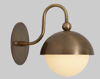 Handcrafted Mid Century Modern Brass Wall Sconce | Globe Glass Wall Light Fixture Vanity Bathroom