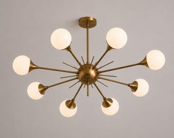 Handmade Mid Century Modern Brass Sputnik Chandelier | 8-Light Globe Ceiling Light | MCM Vintage Lighting