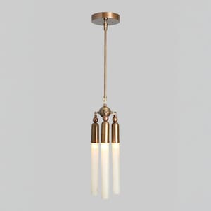 May include: A bronze-colored pendant light fixture with three cylindrical frosted glass shades. The fixture has a round ceiling mount and a long, slender rod. The light is suspended from a decorative sphere.