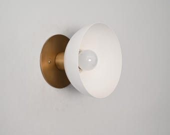 Handcrafted Raw Brass White Shade Wall Sconce | Mid-Century Modern Dome Light | Vintage Brass Lighting