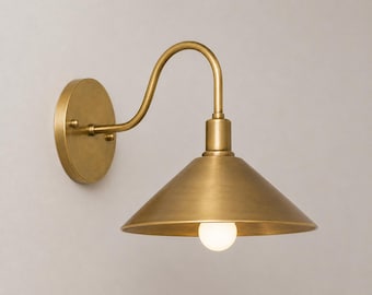 Modern Brass Cone Wall Sconce, Handmade Farmhouse Bedside Light Kitchen Lamps, Gooseneck Wall Lamp