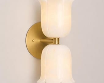 Alabaster Brass Wall Sconce, Modern Double Lamp, Luxury Bathroom Vanity Light, Bedroom Bedside Fixture