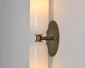 Handmade Alabaster Double Wall Sconce | Brass Bathroom Vanity Light | Mid Century Modern Wall Lamp