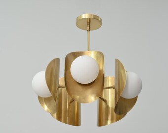 Handmade Mid Century Modern Brass Chandelier, 5 Light Globe Ceiling Fixture, Sculptural Pendant Light