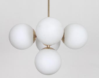 Raw Brass Globe Chandelier, 5 Light Milk Pendant, Mid Century Ceiling Light Kitchen Island Lamp