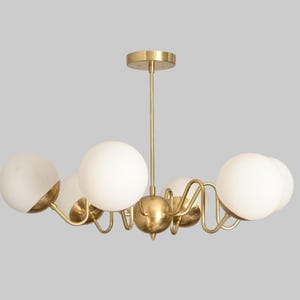 custom  Modern Brass Zig Zag Chandelier | 6 Light Opal Globe Ceiling Light | Sputnik Style Chandelier