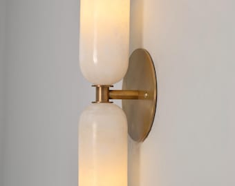 Handcrafted Brass Double Wall Sconce | Alabaster Bathroom Vanity Light | Mid Century Modern Wall Lamp