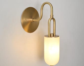 Handcrafted Brass Alabaster Wall Sconce | Alabaster Bathroom Vanity Light | Mid Century modern lamps
