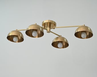 Mid Century Modern Raw Brass 4 Light Semi Flush Mount Ceiling Light, Dome Chandelier