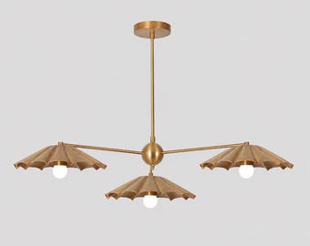 Handcrafted Brass Scalloped Chandelier | Mid Century Modern 3-Light Pendant | Vintage Italian Designer Ceiling Light