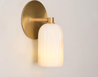 Mid Century Modern Brass Wall Sconce | Natural Alabaster Wall Lamp | Luxury Bathroom Vanity Light
