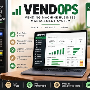 May include: A laptop displaying the VENDOPS vending machine business management system dashboard with charts and data. The screen shows business overview, sales, and profit metrics. Text includes "Snacks today. Profits tomorrow." and "Excel & Google Sheets".