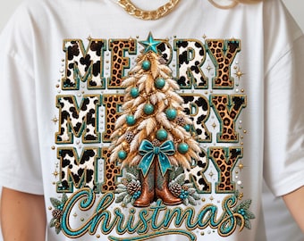 Merry Christmas Western PNG, Cow Print Christmas Tree & Cowboy Boots (Digital Download)