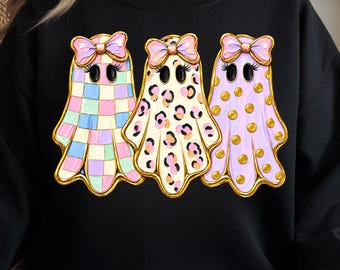 Preppy Bow Ghost Trio PNG, Pastel Spooky Retro Halloween Ghosts (Digital Download)