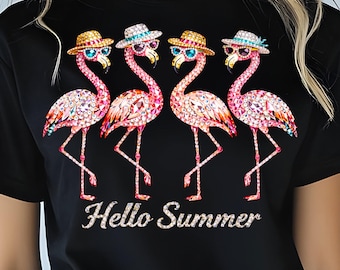 Hello Summer Flamingo PNG, Sparkle Rhinestone Hat Sunglasses, Crystal Gem Bling (Digital Download)