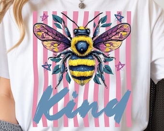 Be Kind PNG, Preppy Striped Bumble Bee Graphic, Trendy Summer Mental Health Digital Download