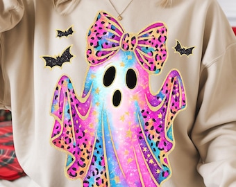 Retro Halloween Ghost PNG: Spooky Glitter Leopard Print Bow Sublimation (Digital Download)