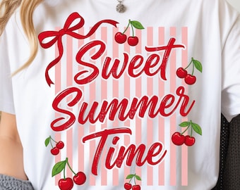 Sweet Summer Time Cherry Bow PNG, Preppy Stripes Retro Summer Sublimation (Digital Download)