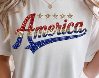America PNG, Sparkly Rhinestone Bling Patriotic, Red White Blue Glitter USA Design (Digital Download)