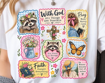 Christian Faith Quote Clipart PNG, Religious Floral Raccoon Butterfly & Woman Sublimation (Digital Download)
