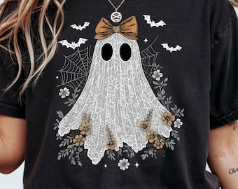 Lace Ghost PNG: Vintage Halloween Floral Girl with Bow (Digital Download)