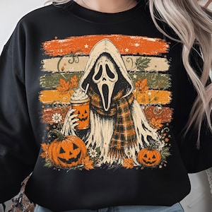 Ghostface Halloween Coffee PNG, Fall Pumpkin Ghost, Retro Autumn Scary Sublimation (Digital Download)